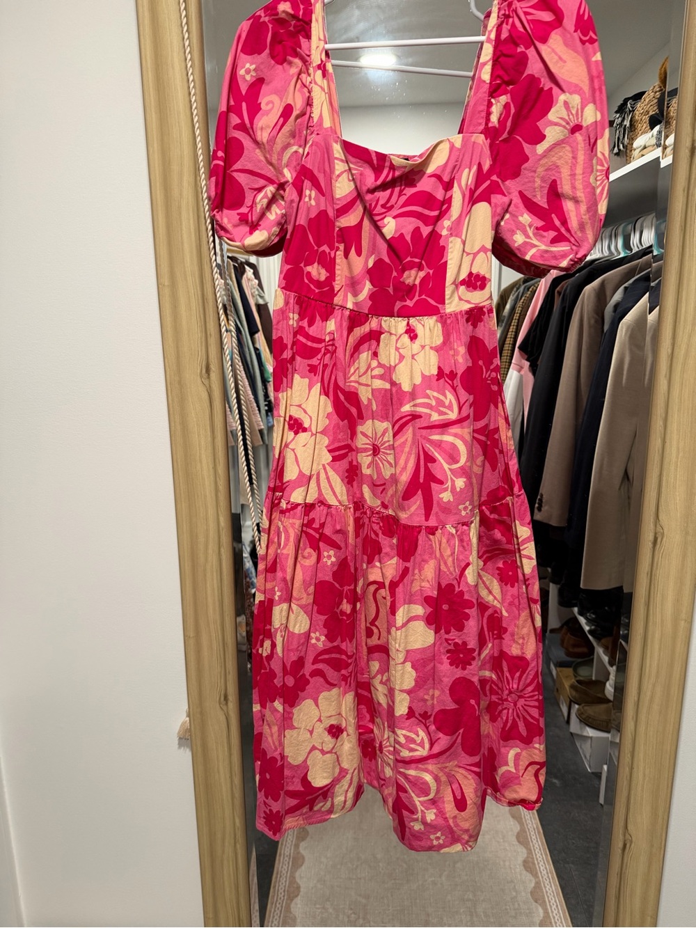 Women’s Pink Floral Puff-Sleeve Midi Dress